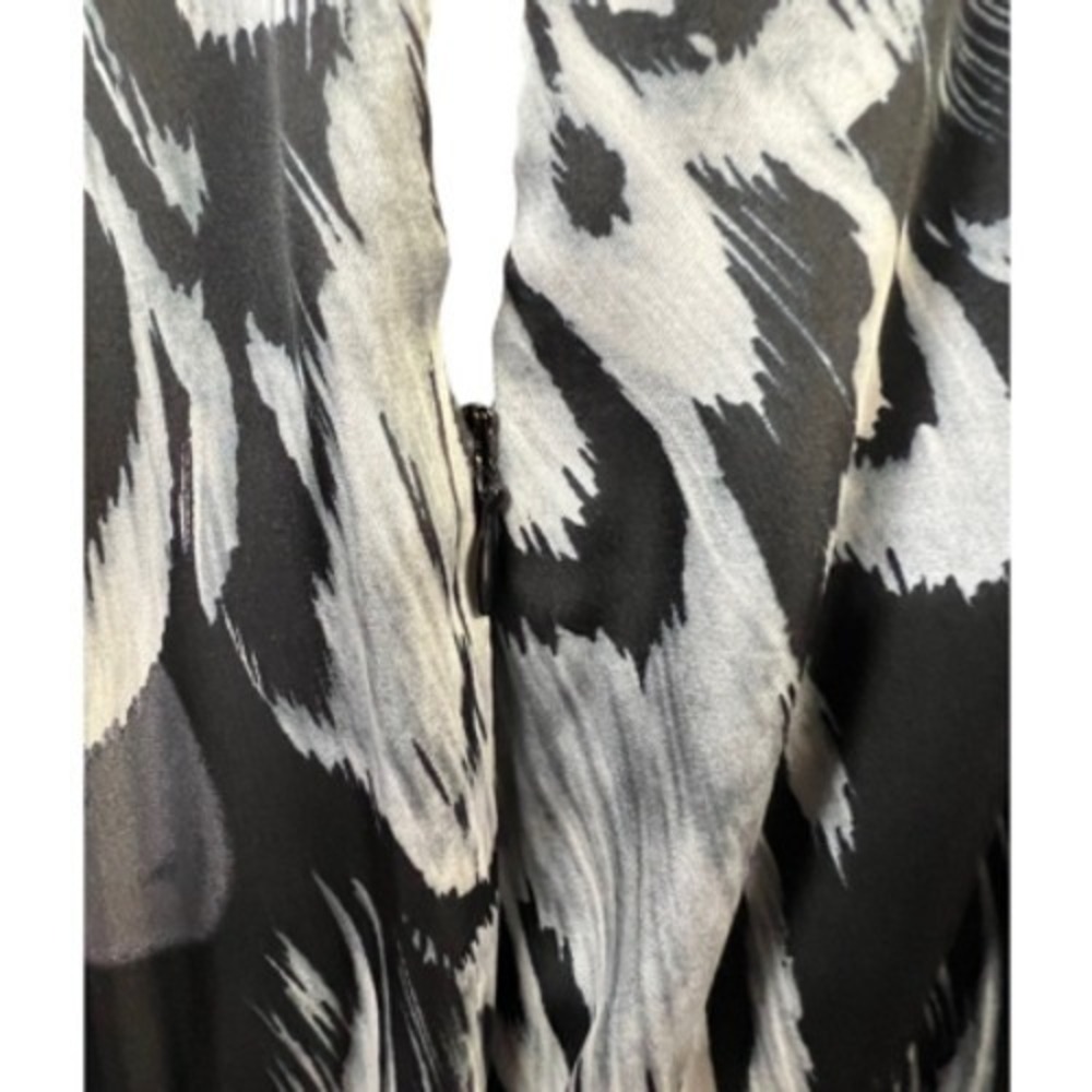 AB Studio Sheath Dress Black Grey Feather Print Women Size 6 Belted Elegant - Picture 7 of 13